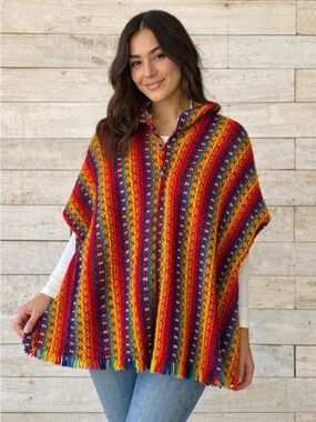 Pachamama Colorful Striped Handwoven Poncho - Rainbow